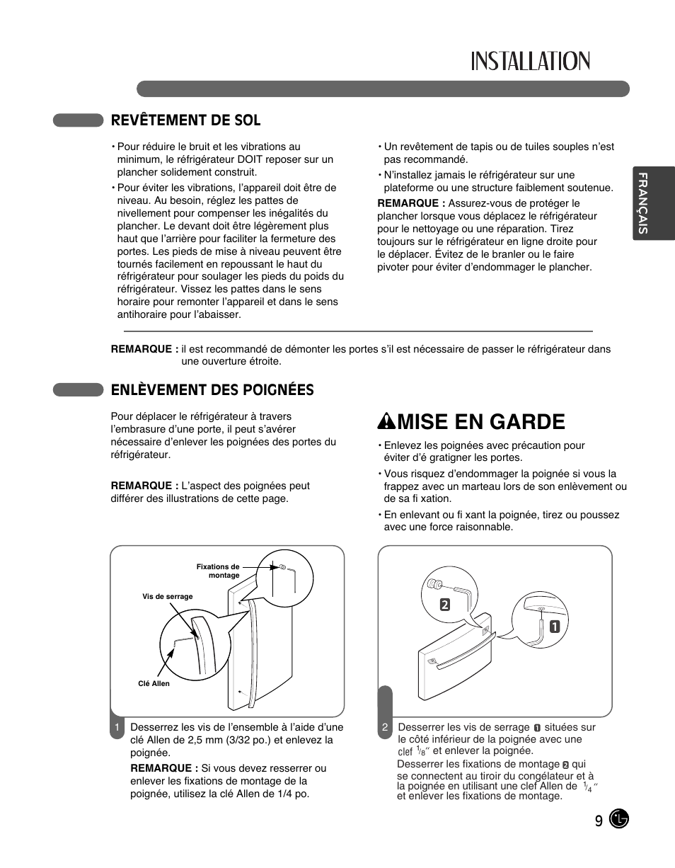 Wmise en garde, 9revêtement de sol, Enlèvement des poignées | LG LFC28768ST User Manual | Page 45 / 108