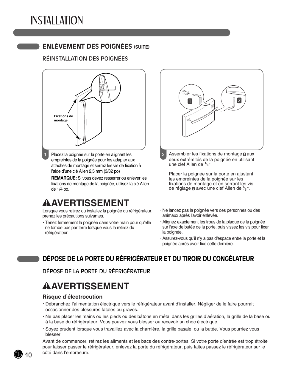 Wavertissement, 10 enlèvement des poignées | LG LFC28768ST User Manual | Page 46 / 108