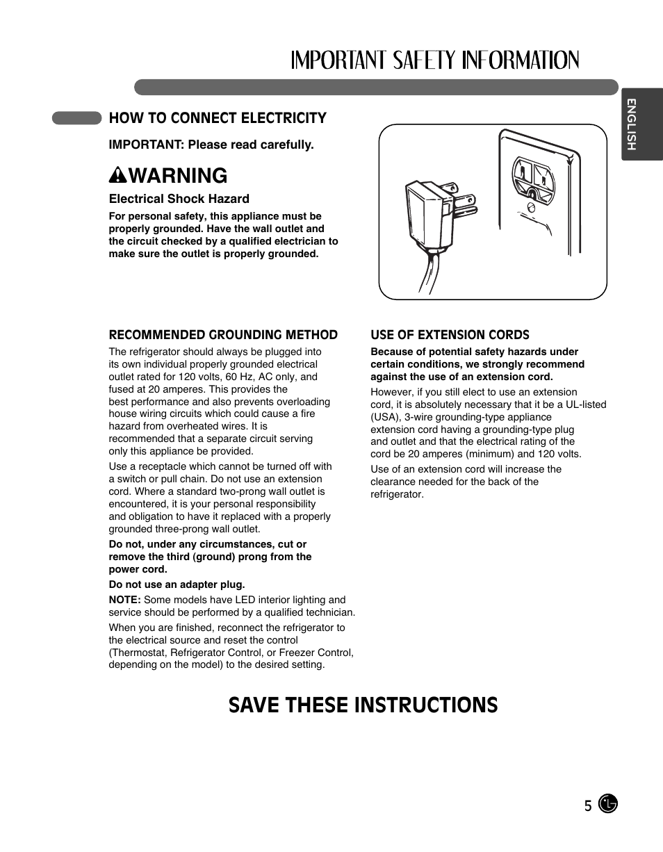 Wwarning, Save these instructions | LG LFC28768ST User Manual | Page 5 / 108
