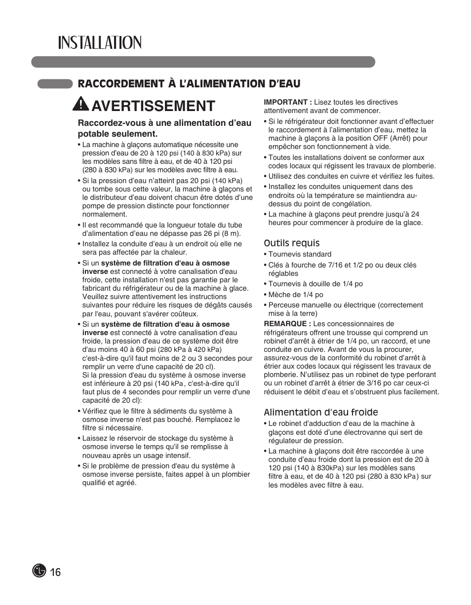 Avertissement, 16 raccordement à l’alimentation d’eau | LG LFC28768ST User Manual | Page 52 / 108
