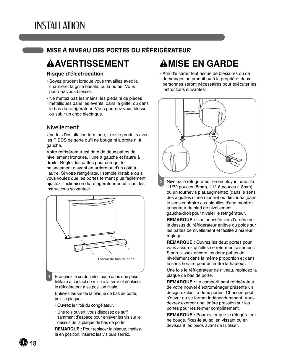 Wavertissement, Wmise en garde, 18 mise à niveau des portes du réfrigérateur | LG LFC28768ST User Manual | Page 54 / 108