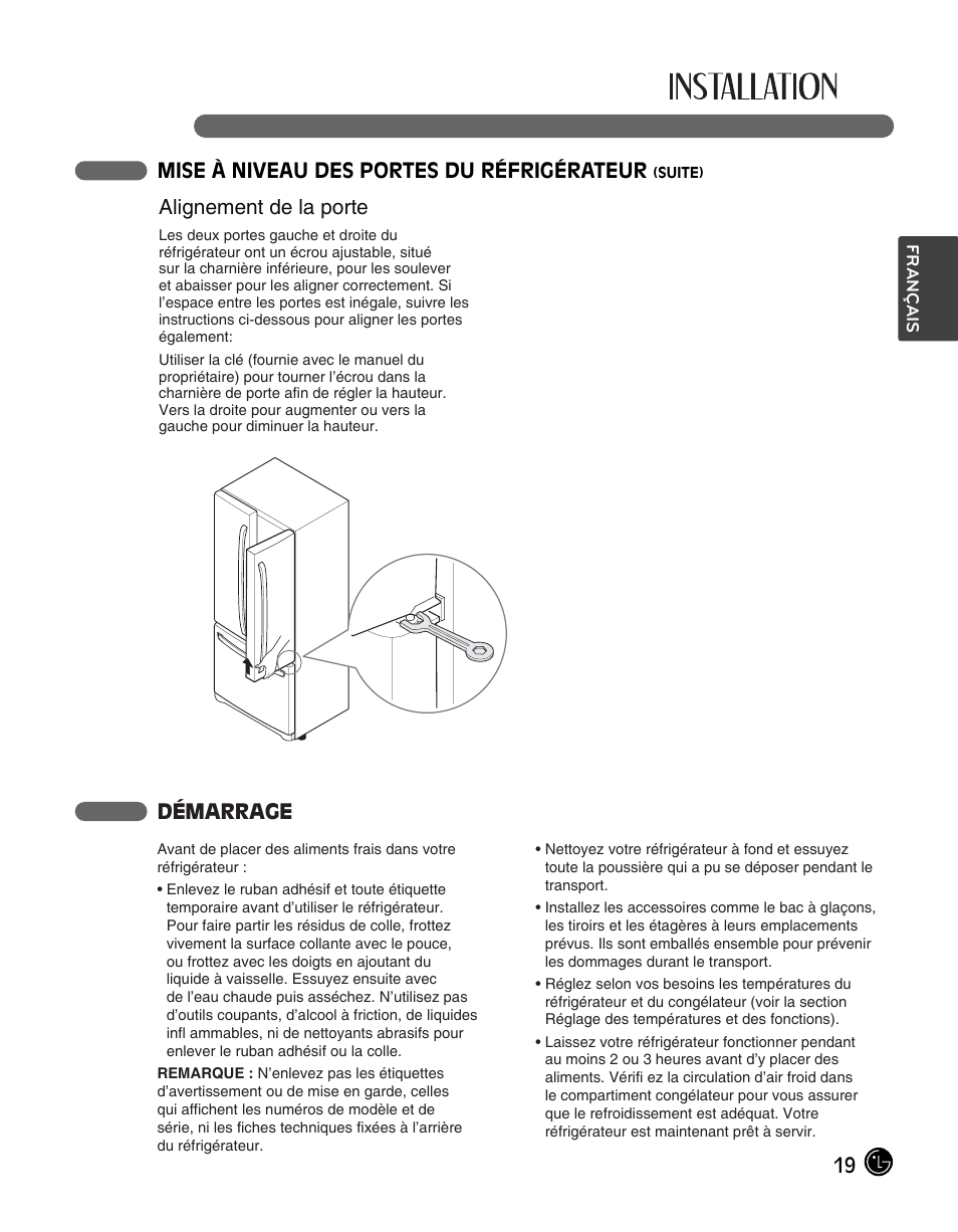 Démarrage, Alignement de la porte, 19 mise à niveau des portes du réfrigérateur | LG LFC28768ST User Manual | Page 55 / 108