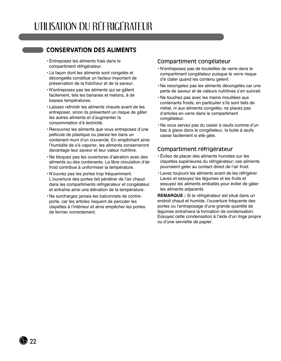 22 conservation des aliments | LG LFC28768ST User Manual | Page 58 / 108