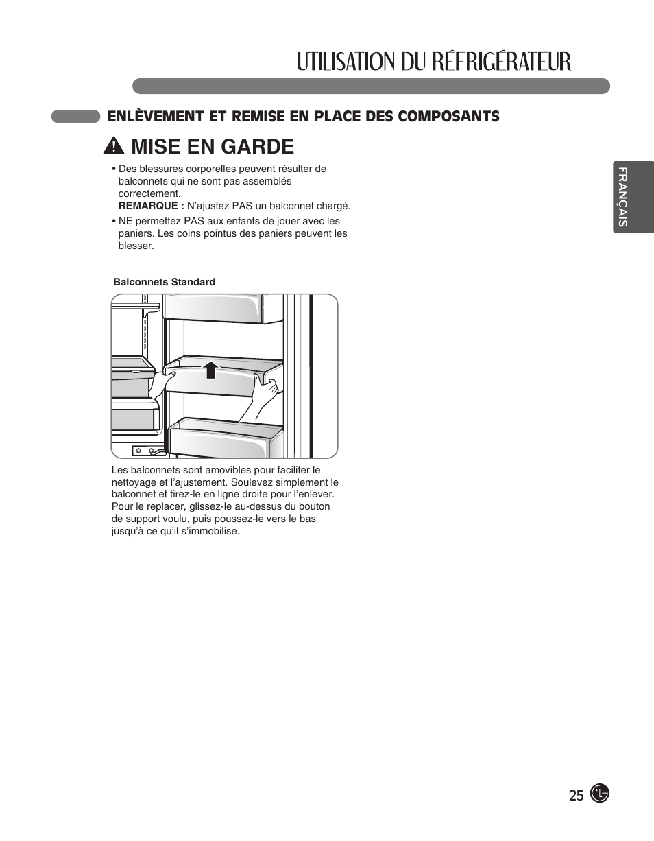 Mise en garde, 25 enlèvement et remise en place des composants | LG LFC28768ST User Manual | Page 61 / 108