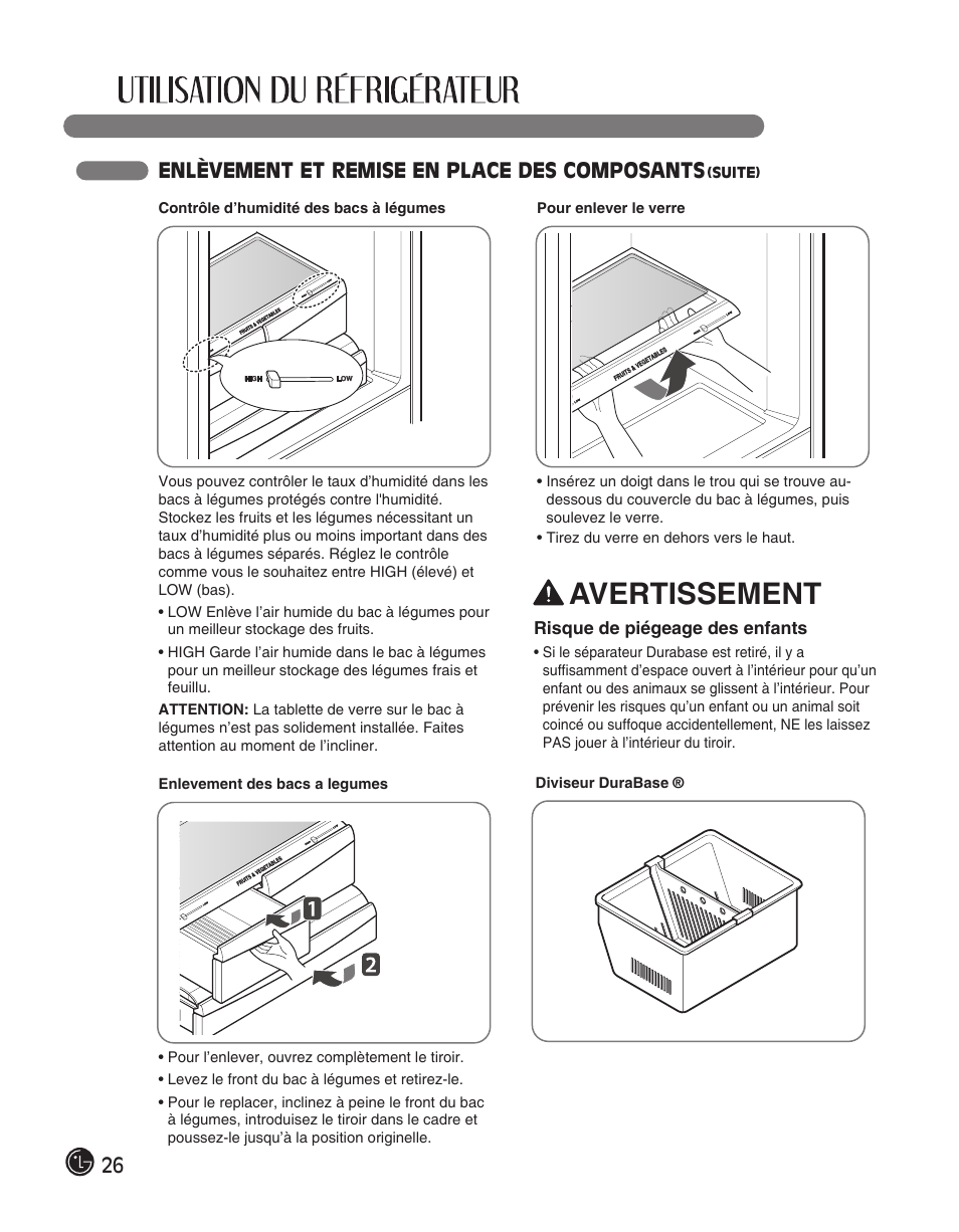 Avertissement, 26 enlèvement et remise en place des composants | LG LFC28768ST User Manual | Page 62 / 108