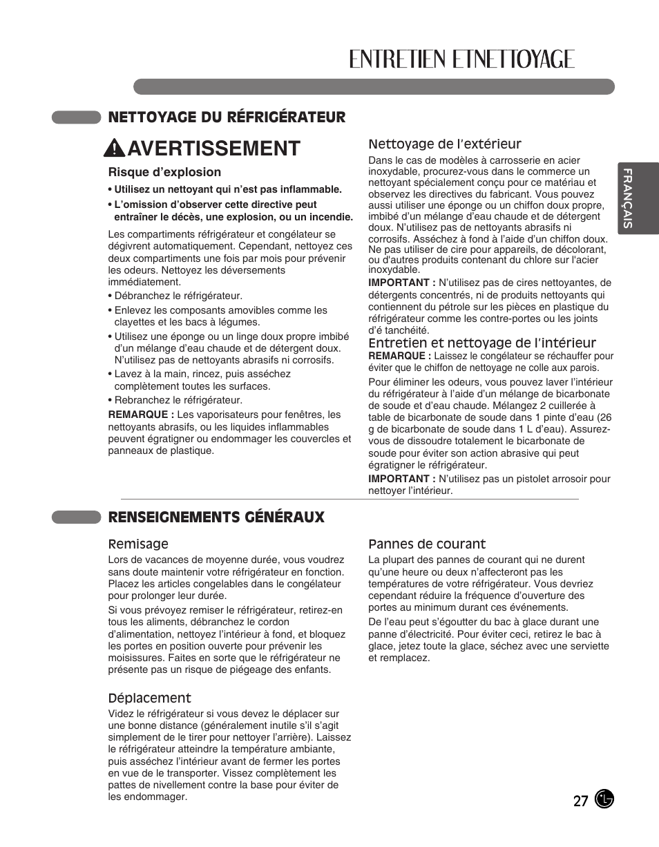 Avertissement, Nettoyage du réfrigérateur, Renseignements généraux | LG LFC28768ST User Manual | Page 63 / 108