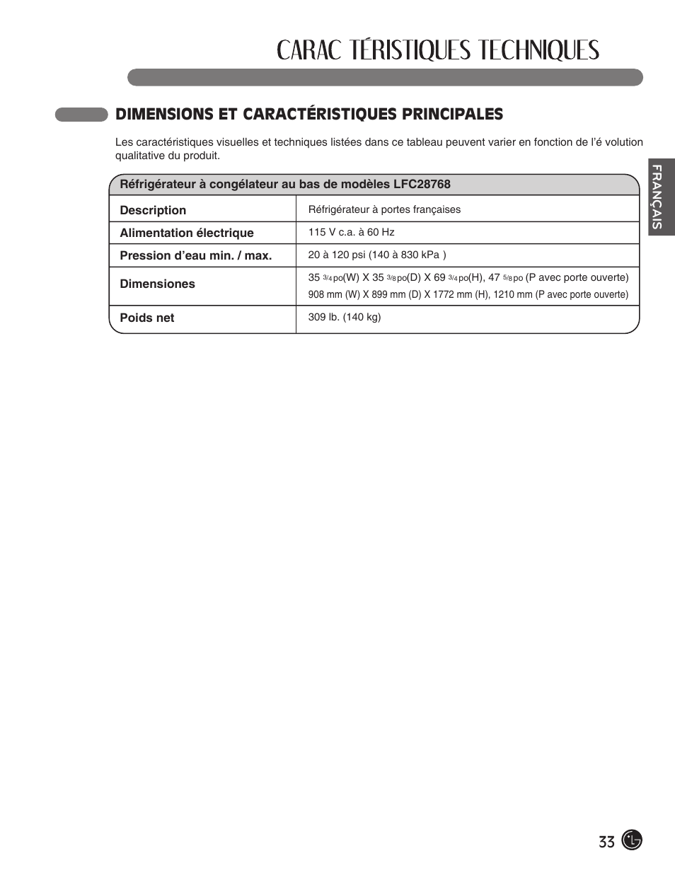 Dimensions et caractéristiques principales, Français | LG LFC28768ST User Manual | Page 69 / 108