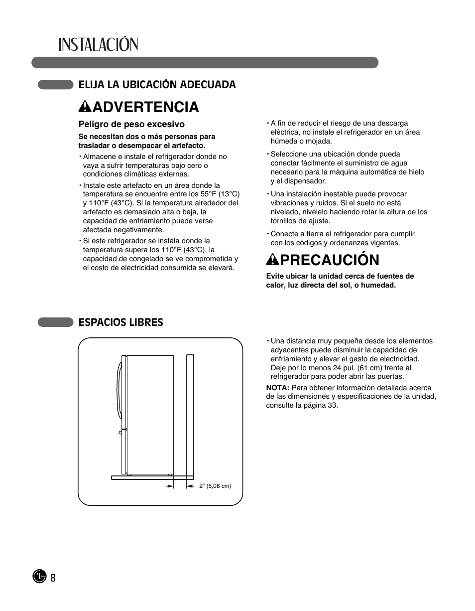 Wadvertencia, Wprecaución | LG LFC28768ST User Manual | Page 80 / 108