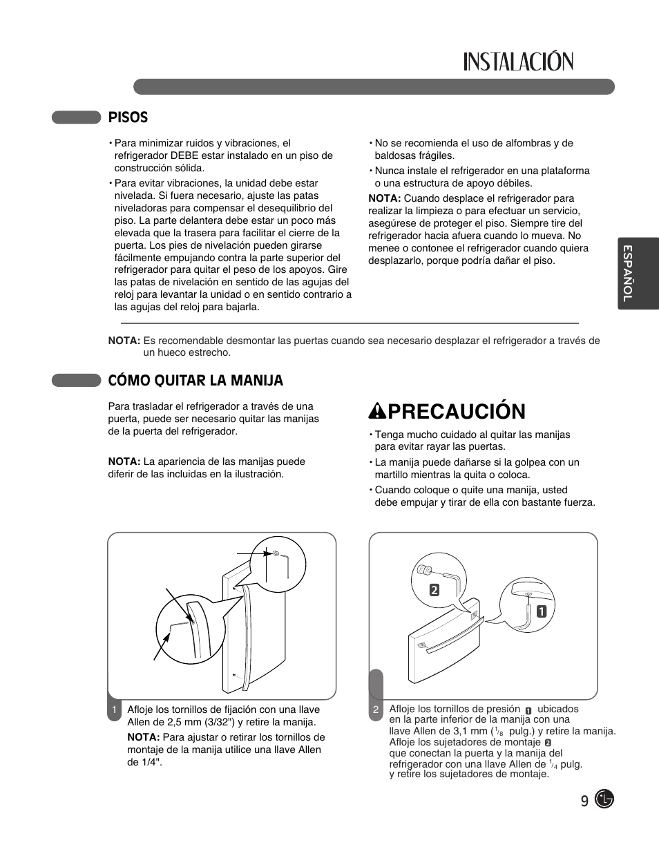 Wprecaución, Pisos, Cómo quitar la manija | LG LFC28768ST User Manual | Page 81 / 108