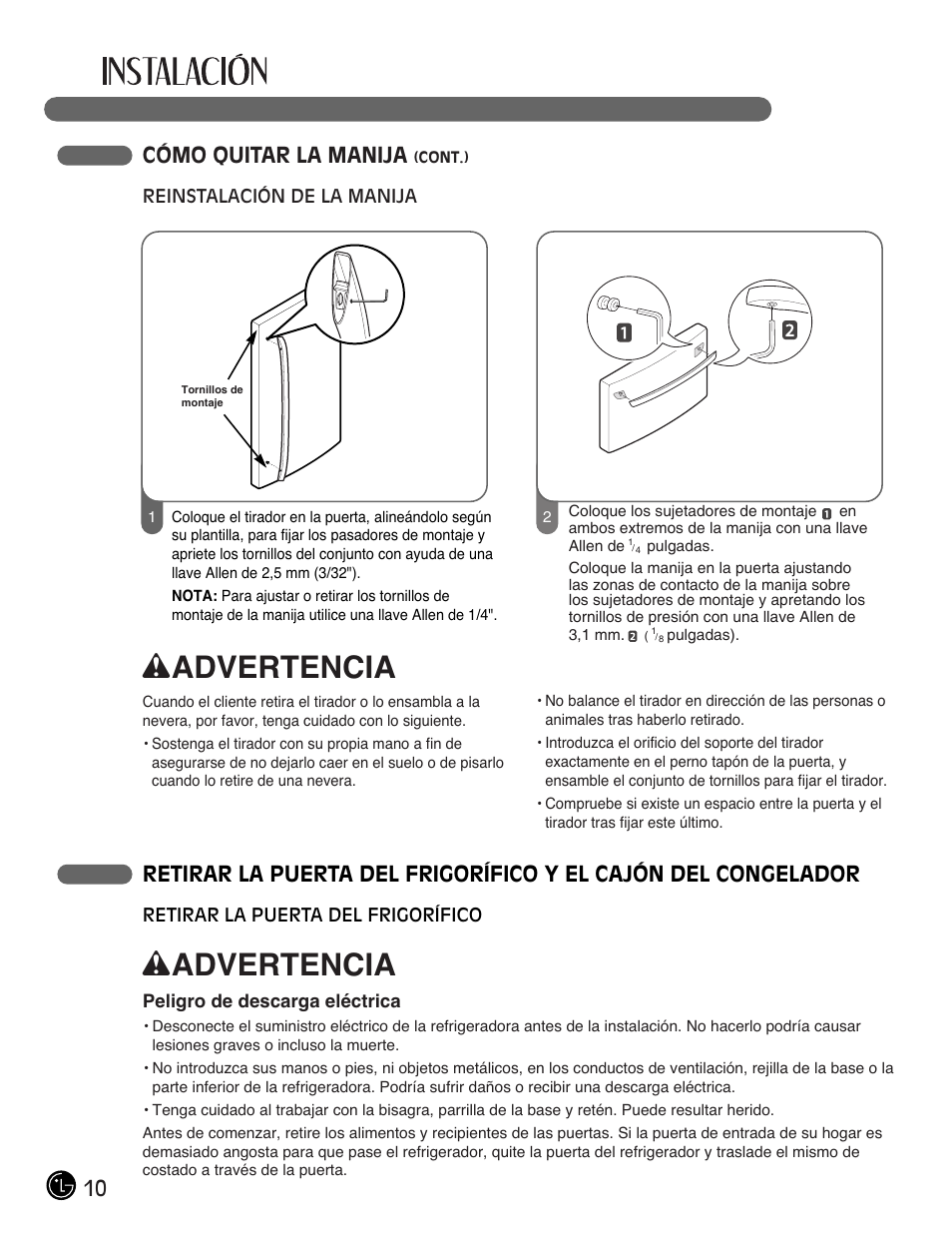 Wadvertencia, 10 cómo quitar la manija | LG LFC28768ST User Manual | Page 82 / 108