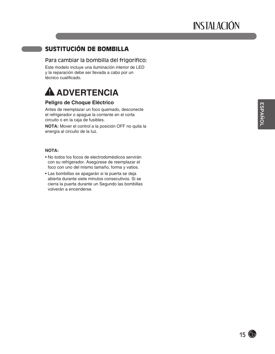 Advertencia, 15 sustitución de bombilla | LG LFC28768ST User Manual | Page 87 / 108