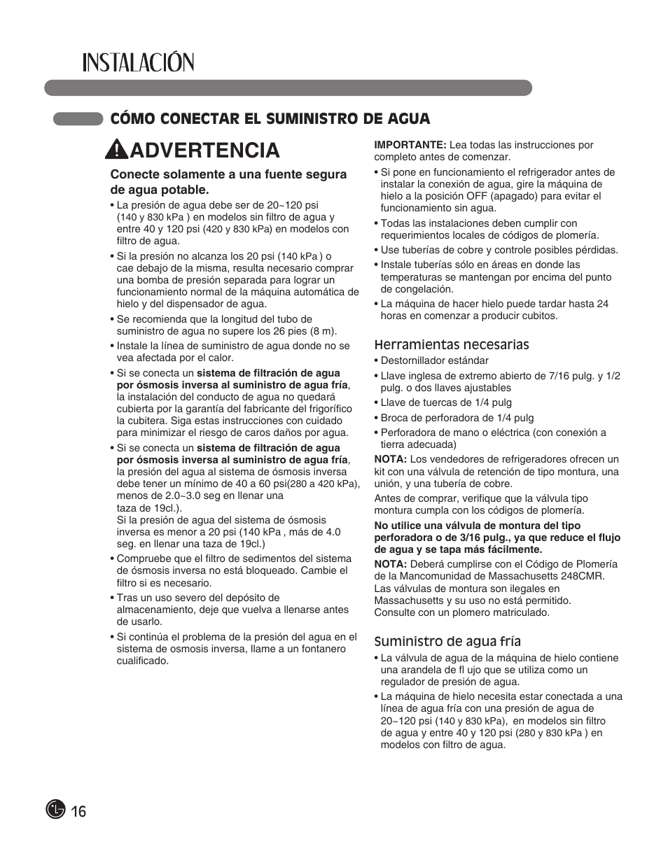 Advertencia, 16 cómo conectar el suministro de agua | LG LFC28768ST User Manual | Page 88 / 108