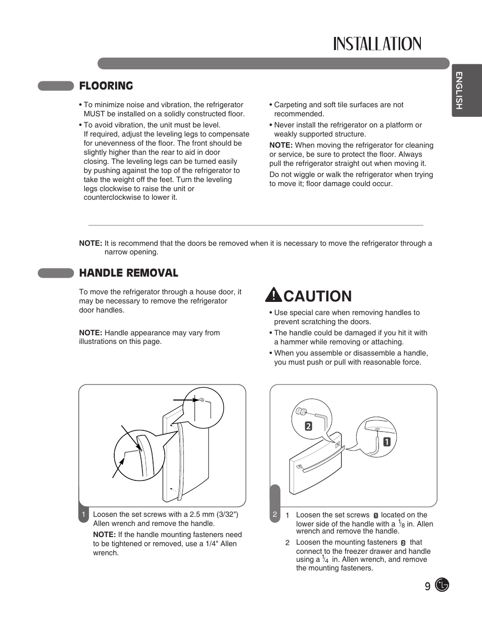 Caution, 9flooring, Handle removal | LG LFC28768ST User Manual | Page 9 / 108