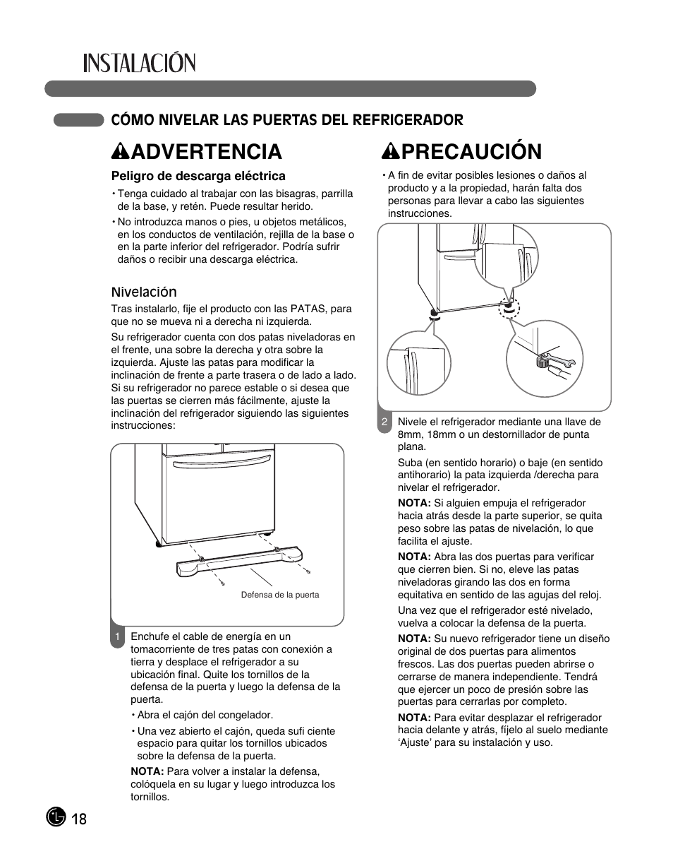 Wadvertencia, Wprecaución, 18 cómo nivelar las puertas del refrigerador | LG LFC28768ST User Manual | Page 90 / 108