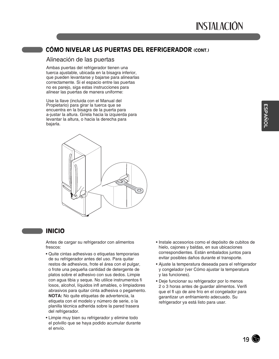 Inicio, Alineación de las puertas, 19 cómo nivelar las puertas del refrigerador | LG LFC28768ST User Manual | Page 91 / 108