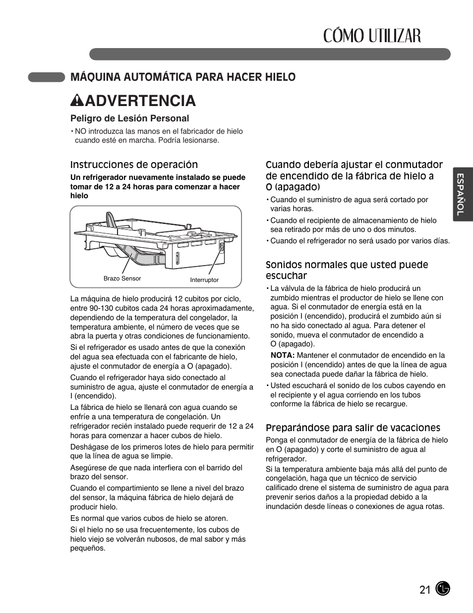 Wadvertencia, 21 máquina automática para hacer hielo | LG LFC28768ST User Manual | Page 93 / 108