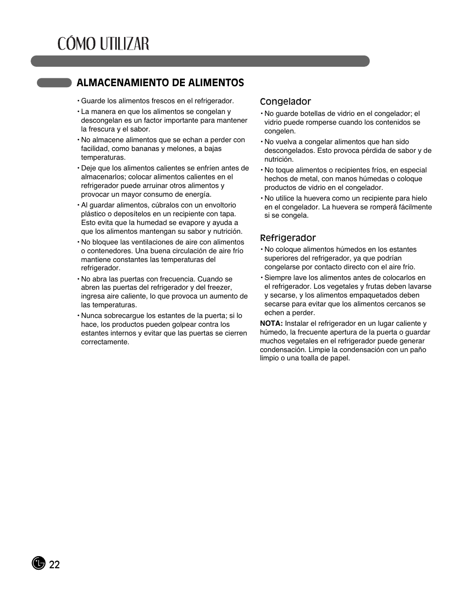 22 almacenamiento de alimentos | LG LFC28768ST User Manual | Page 94 / 108