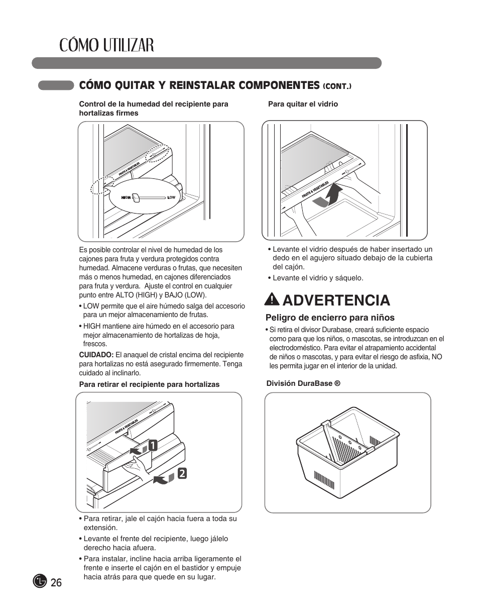 Advertencia, 26 cómo quitar y reinstalar componentes | LG LFC28768ST User Manual | Page 98 / 108