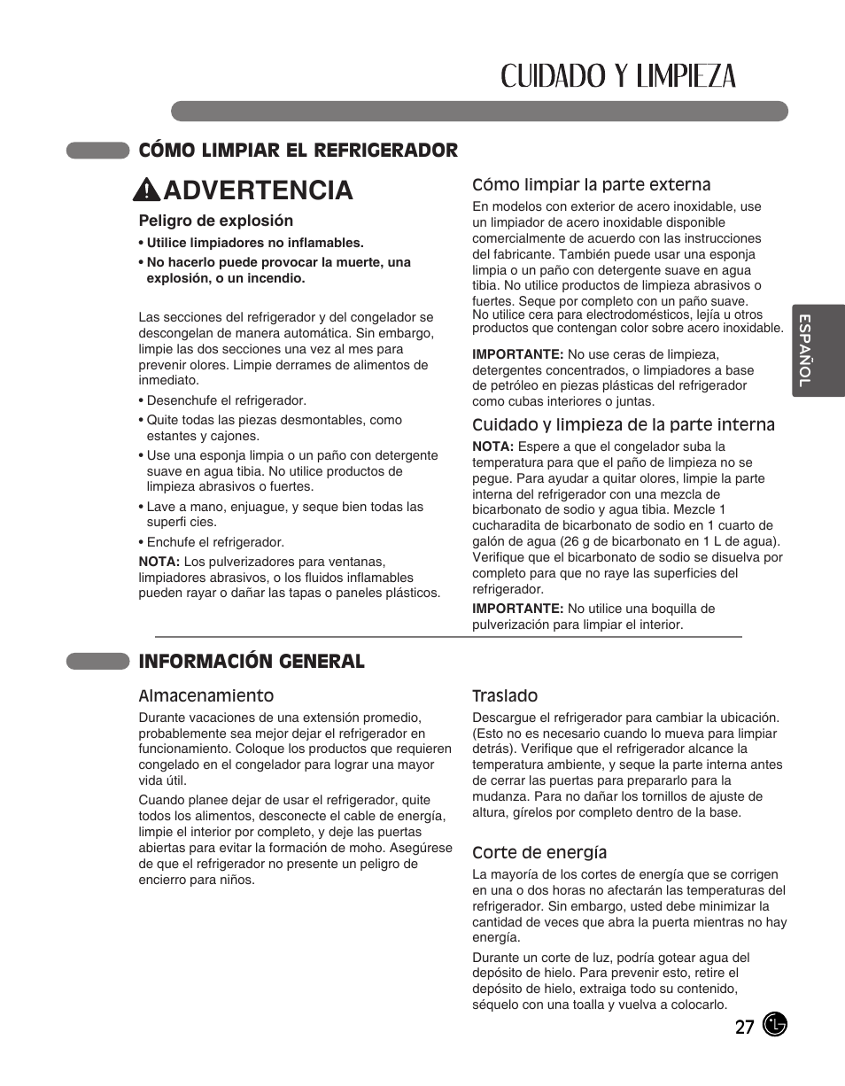 Advertencia, Cómo limpiar el refrigerador, Información general | LG LFC28768ST User Manual | Page 99 / 108