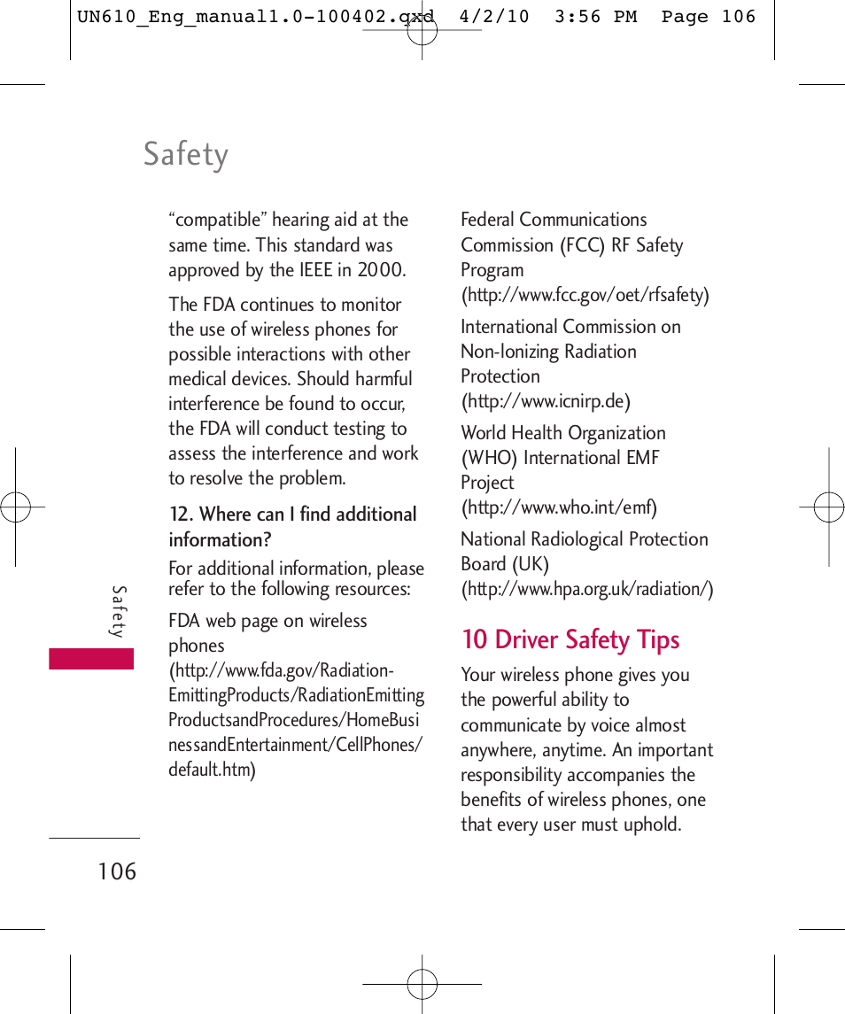 Safety, 10 driver safety tips | LG UN610 User Manual | Page 108 / 266