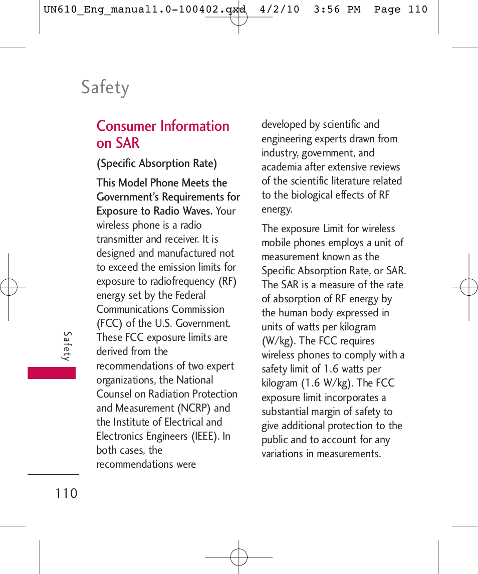 Safety, Consumer information on sar | LG UN610 User Manual | Page 112 / 266