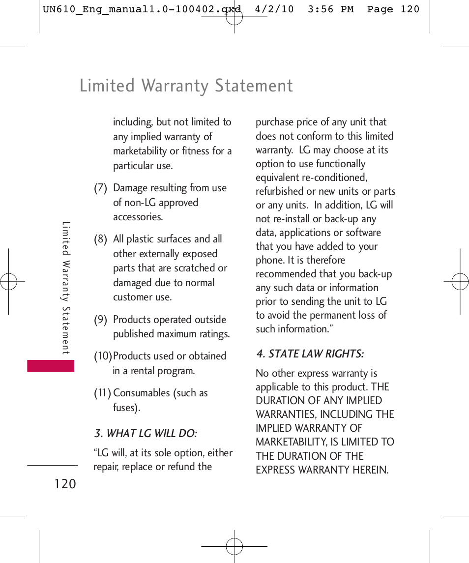 Limited warranty statement | LG UN610 User Manual | Page 122 / 266