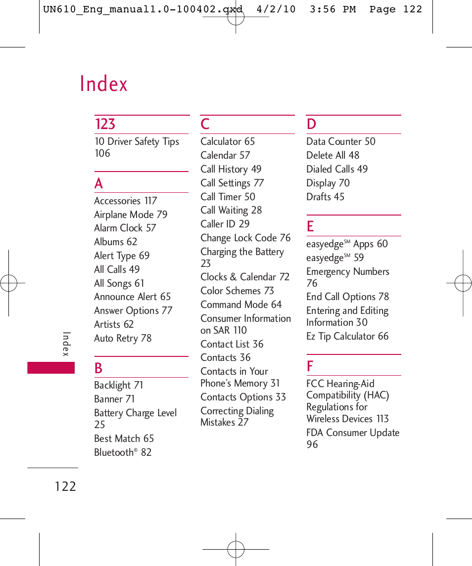 Index | LG UN610 User Manual | Page 124 / 266