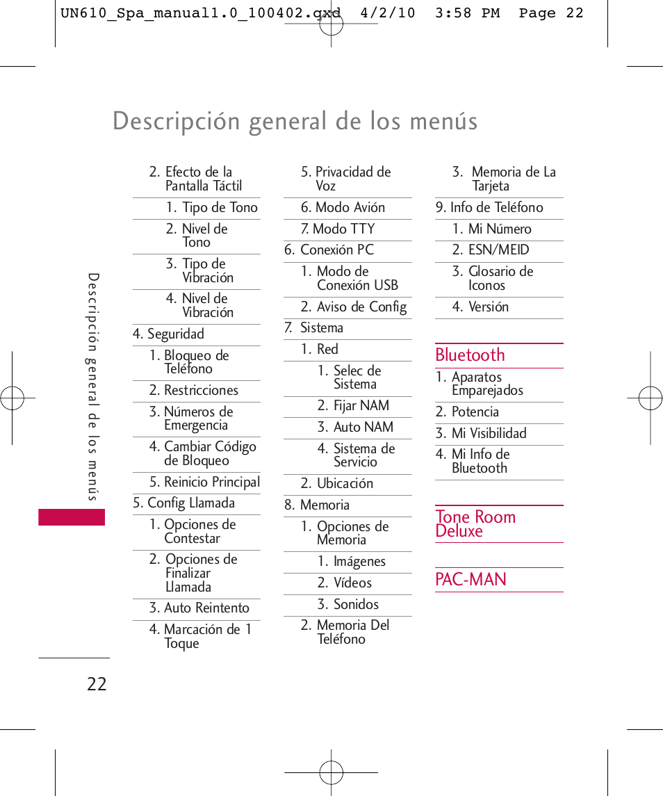 Descripción general de los menús, Bluetooth, Tone room deluxe pac-man | LG UN610 User Manual | Page 151 / 266