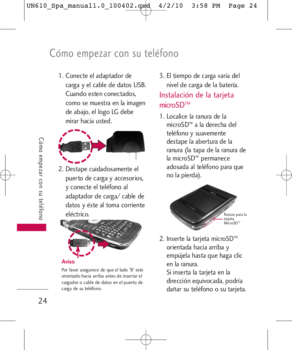 Cómo empezar con su teléfono, Instalación de la tarjeta microsd | LG UN610 User Manual | Page 153 / 266