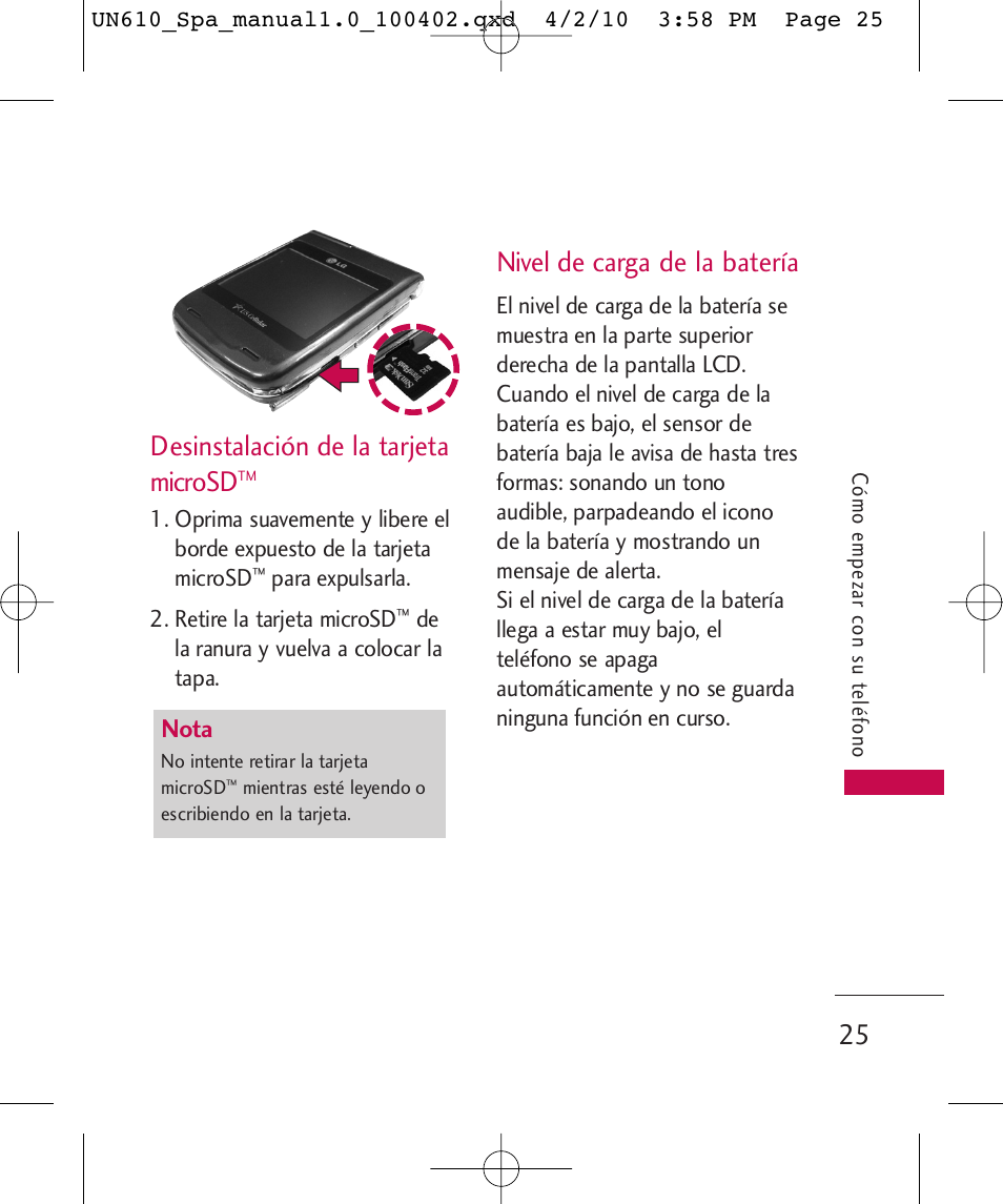 Desinstalación de la tarjeta microsd, Nivel de carga de la batería, Nota | LG UN610 User Manual | Page 154 / 266