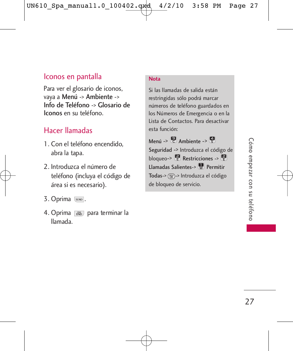 Iconos en pantalla, Hacer llamadas | LG UN610 User Manual | Page 156 / 266