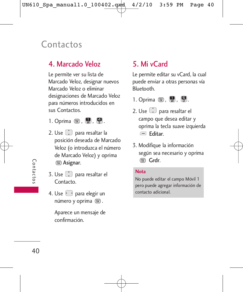 Contactos, Marcado veloz, Mi vcard | LG UN610 User Manual | Page 169 / 266