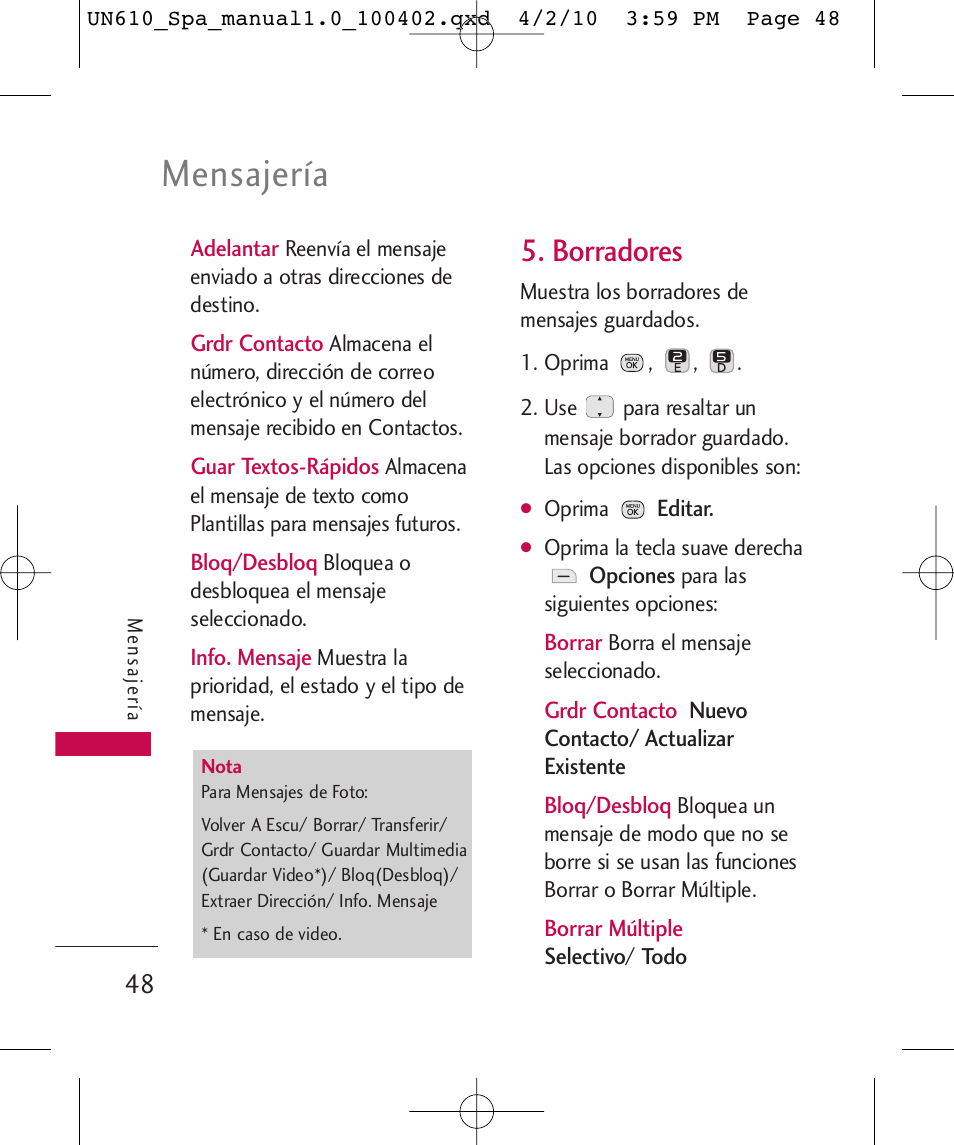 Mensajería, Borradores | LG UN610 User Manual | Page 177 / 266