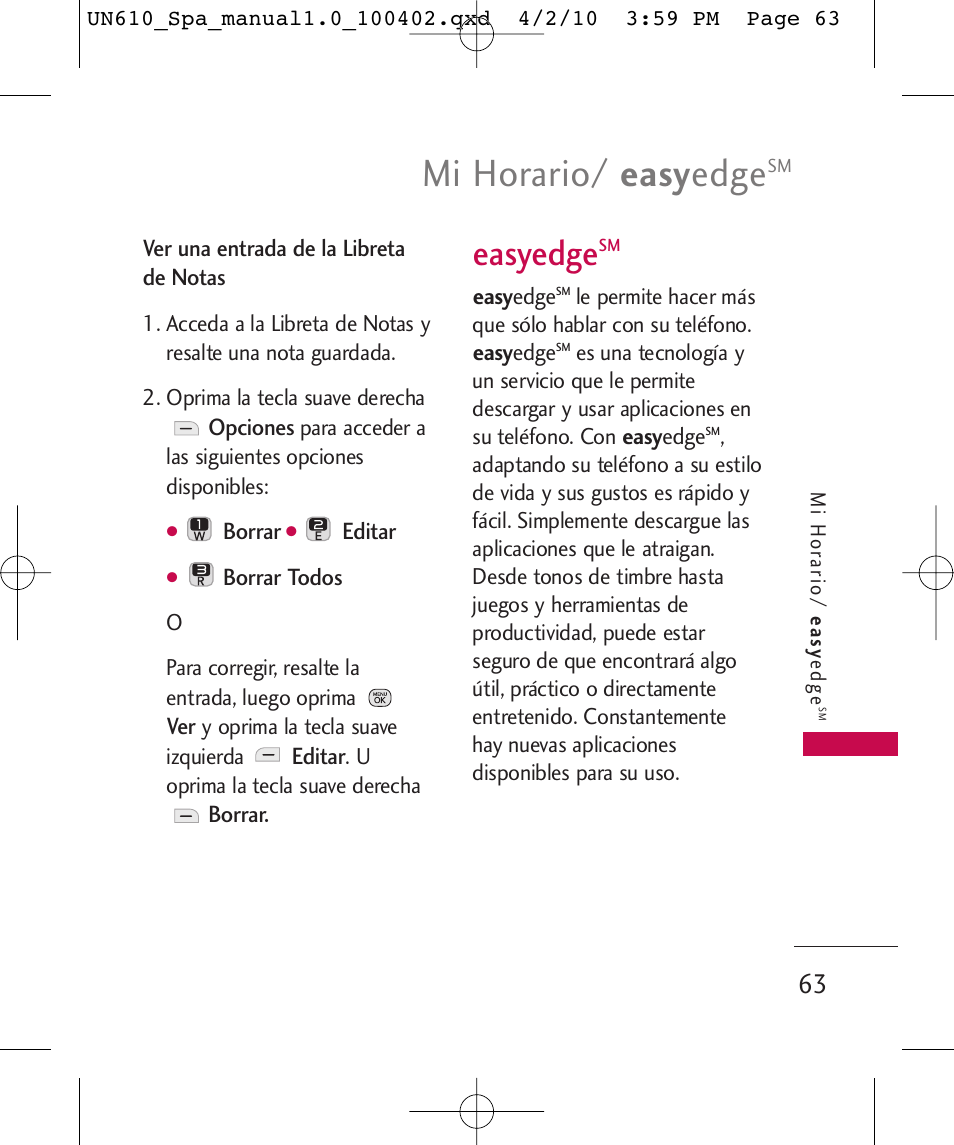 Mi horario/ easy edge, Easyedge | LG UN610 User Manual | Page 192 / 266