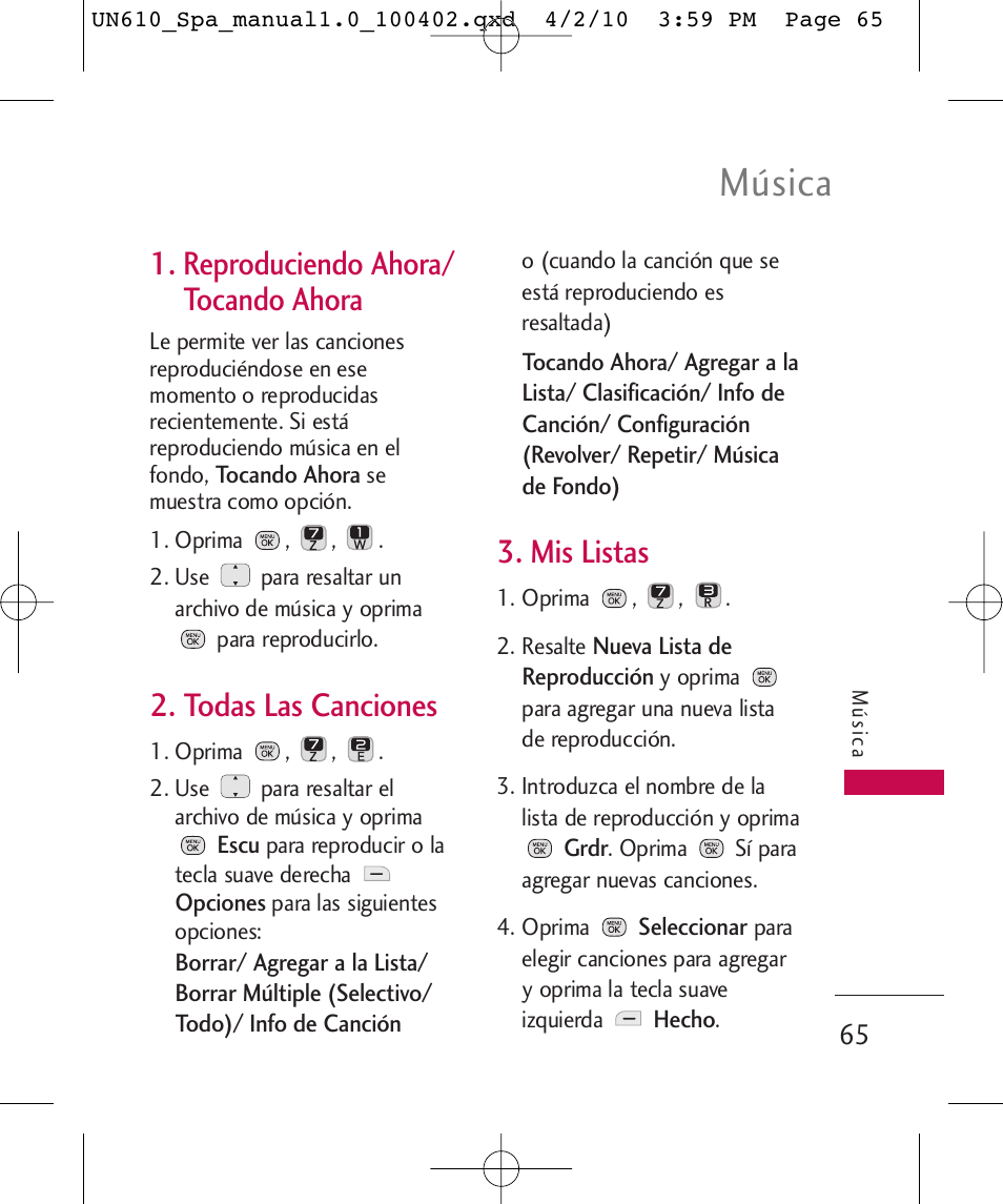 Música, Reproduciendo ahora/ tocando ahora, Todas las canciones | Mis listas | LG UN610 User Manual | Page 194 / 266