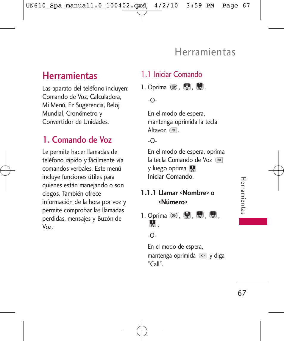 Herramientas, Comando de voz | LG UN610 User Manual | Page 196 / 266