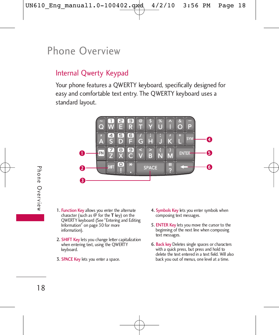 Phone overview, Internal qwerty keypad, Phone ov ervie w | LG UN610 User Manual | Page 20 / 266