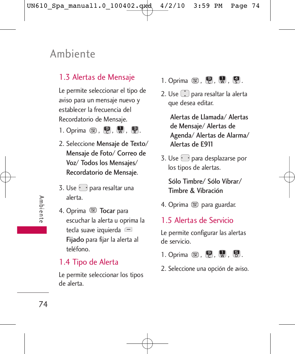 Ambiente, 3 alertas de mensaje, 4 tipo de alerta | 5 alertas de servicio | LG UN610 User Manual | Page 203 / 266