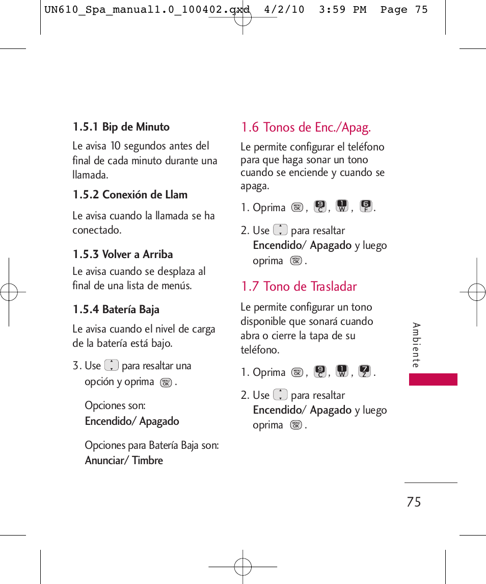 6 tonos de enc./apag, 7 tono de trasladar | LG UN610 User Manual | Page 204 / 266