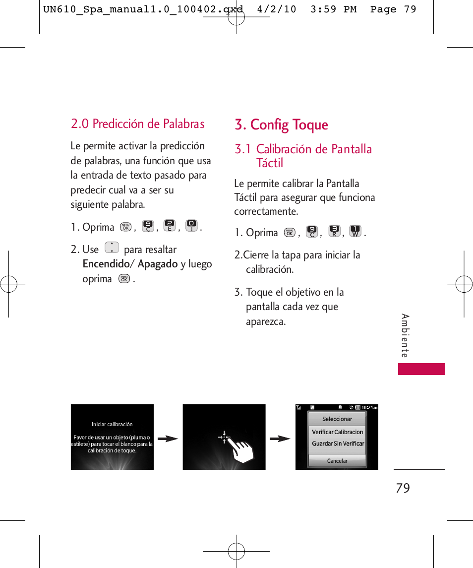 Config toque, 0 predicción de palabras, 1 calibración de pantalla táctil | LG UN610 User Manual | Page 208 / 266