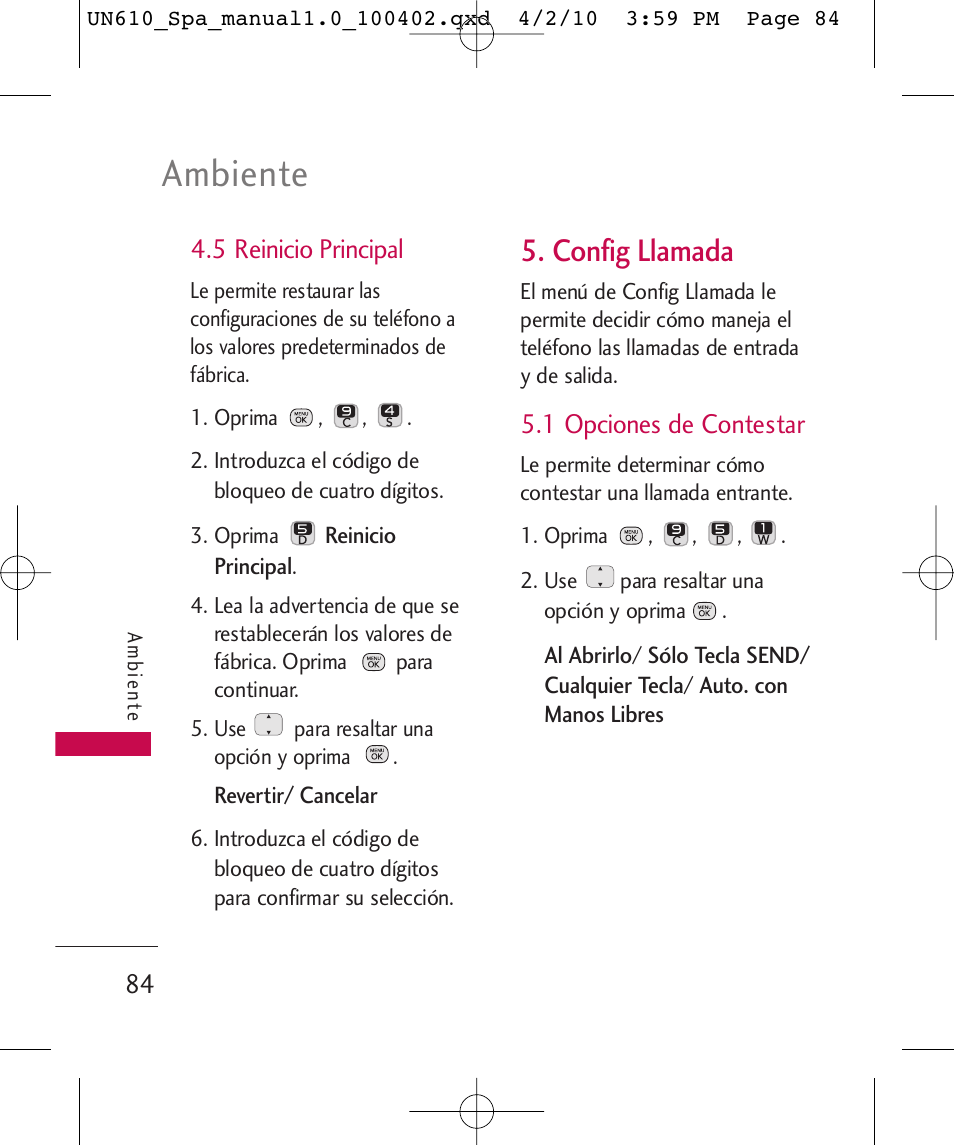 Ambiente, Config llamada, 5 reinicio principal | 1 opciones de contestar | LG UN610 User Manual | Page 213 / 266