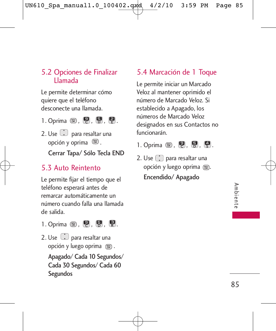 2 opciones de finalizar llamada, 3 auto reintento, 4 marcación de 1 toque | LG UN610 User Manual | Page 214 / 266