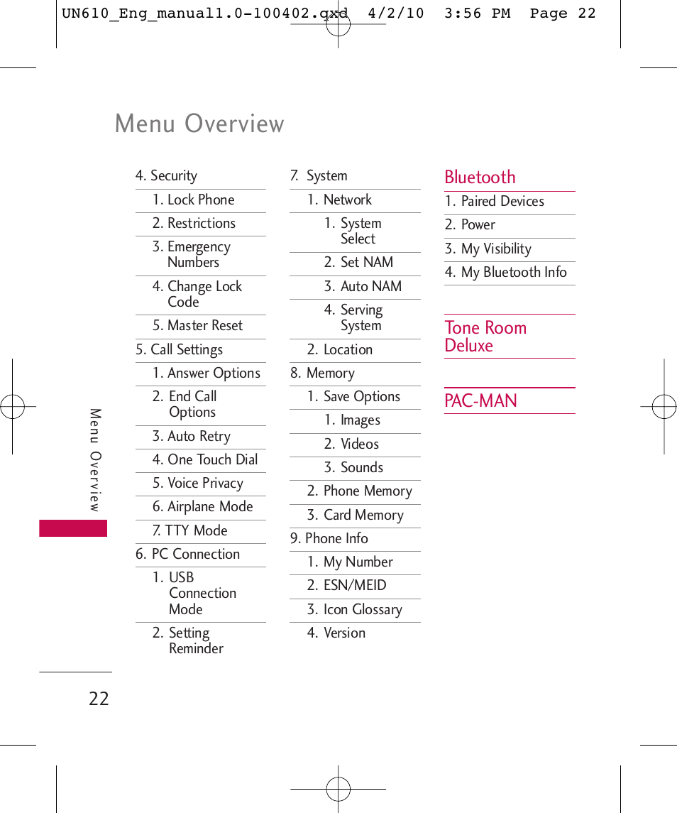 Menu overview, Bluetooth, Tone room deluxe pac-man | LG UN610 User Manual | Page 24 / 266