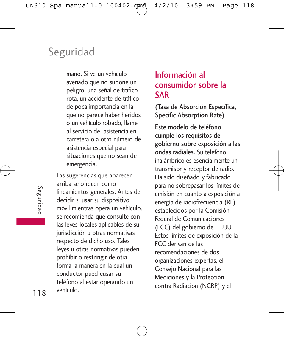 Seguridad, Información al consumidor sobre la sar | LG UN610 User Manual | Page 247 / 266