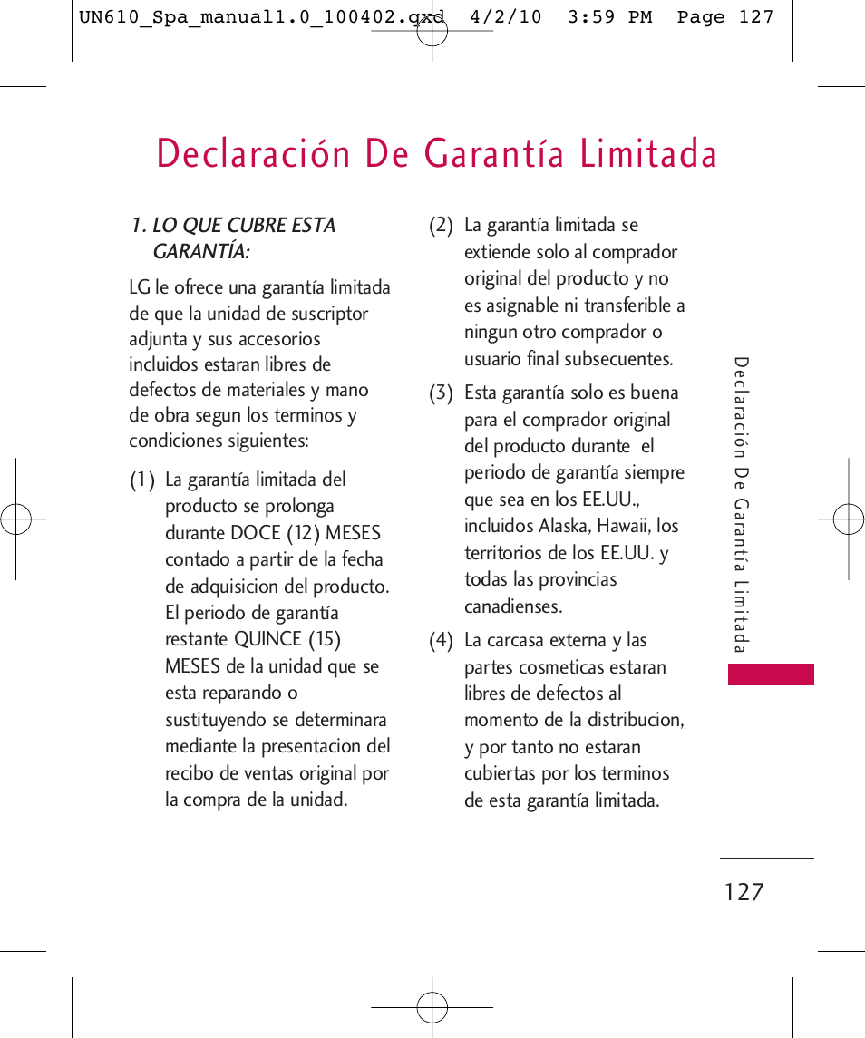 Declaración de garantía limitada | LG UN610 User Manual | Page 256 / 266