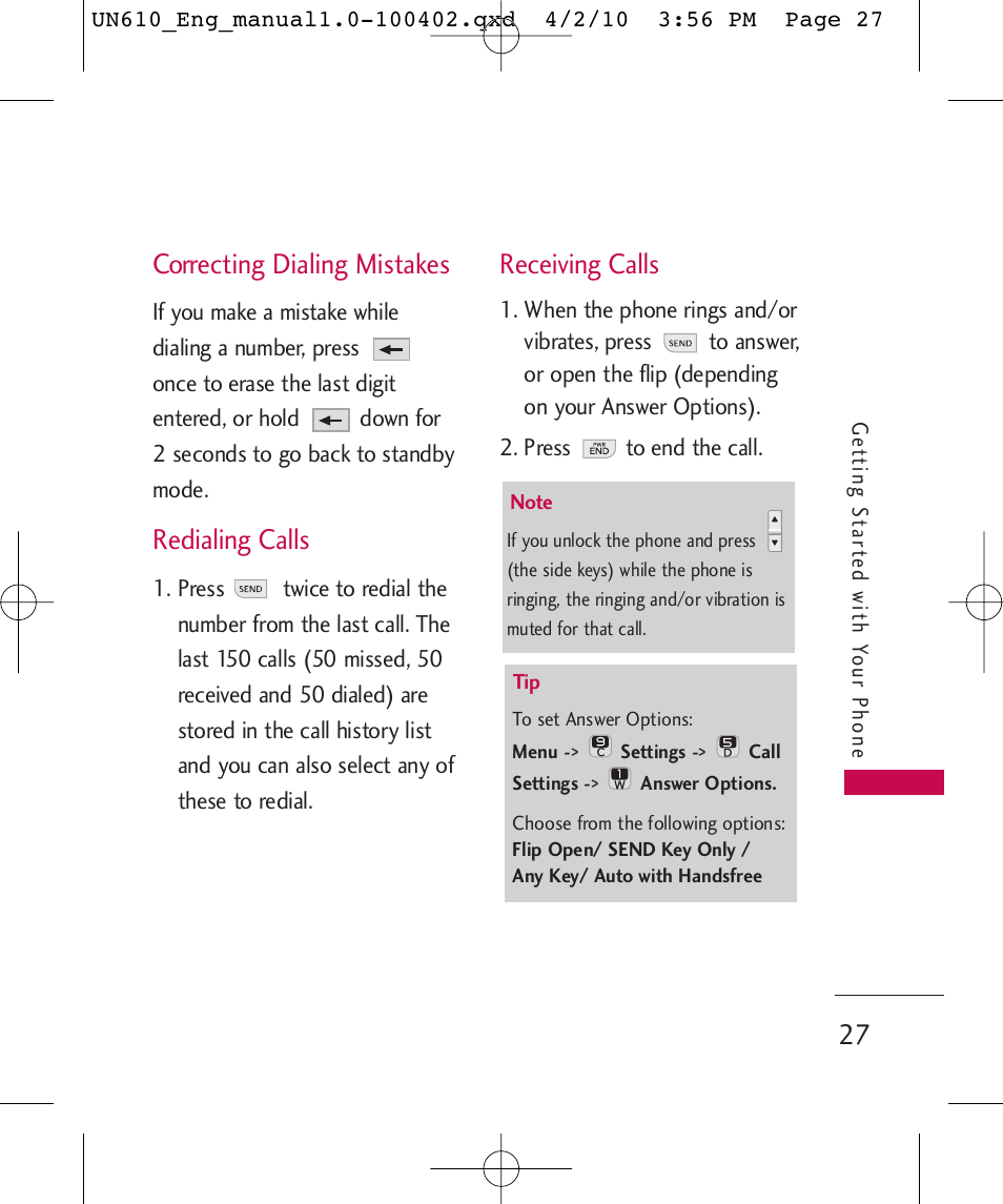 Correcting dialing mistakes, Redialing calls, Receiving calls | LG UN610 User Manual | Page 29 / 266