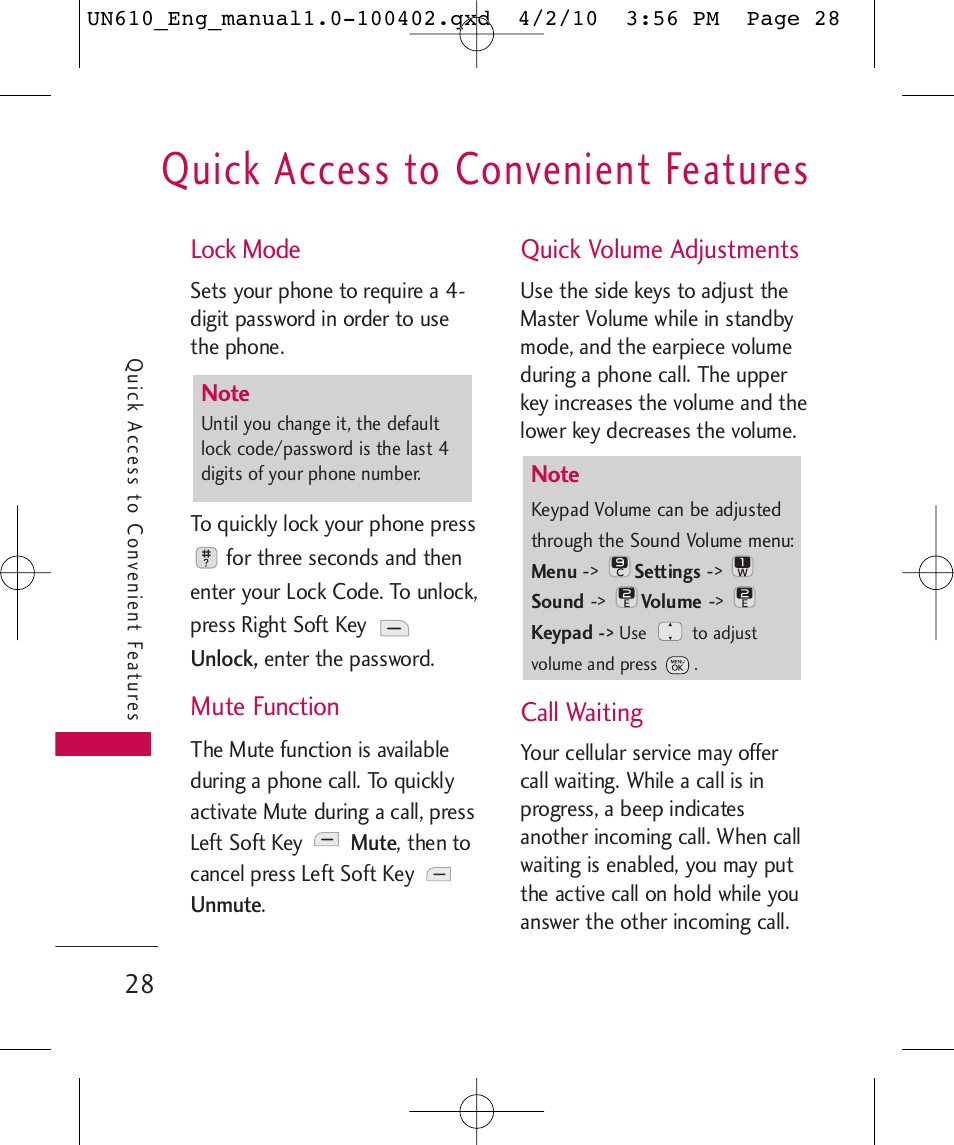 Quick access to convenient features, Lock mode, Mute function | Quick volume adjustments, Call waiting | LG UN610 User Manual | Page 30 / 266