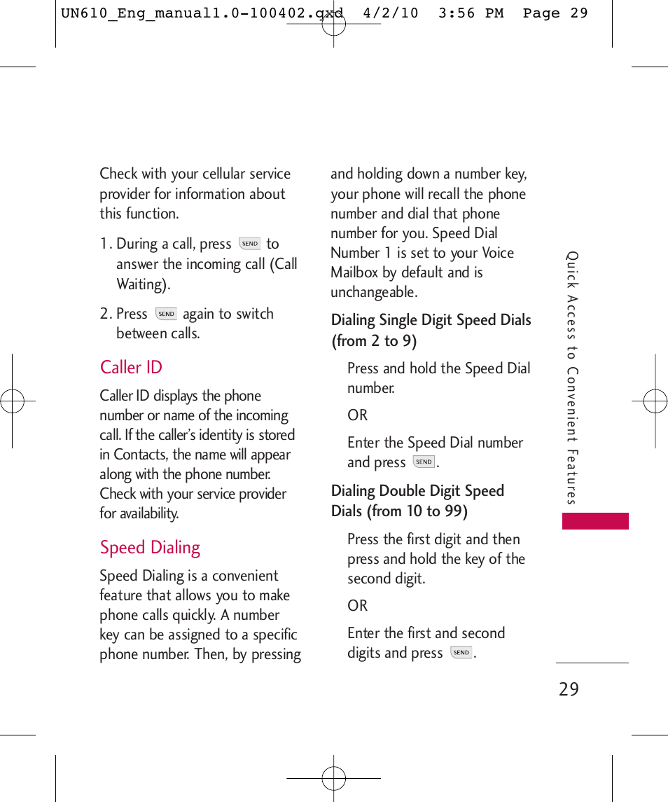 Caller id, Speed dialing | LG UN610 User Manual | Page 31 / 266