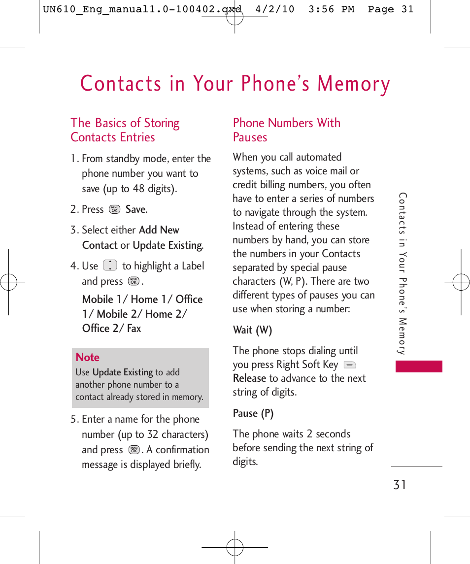 The basics of storing contacts entries, Phone numbers with pauses | LG UN610 User Manual | Page 33 / 266