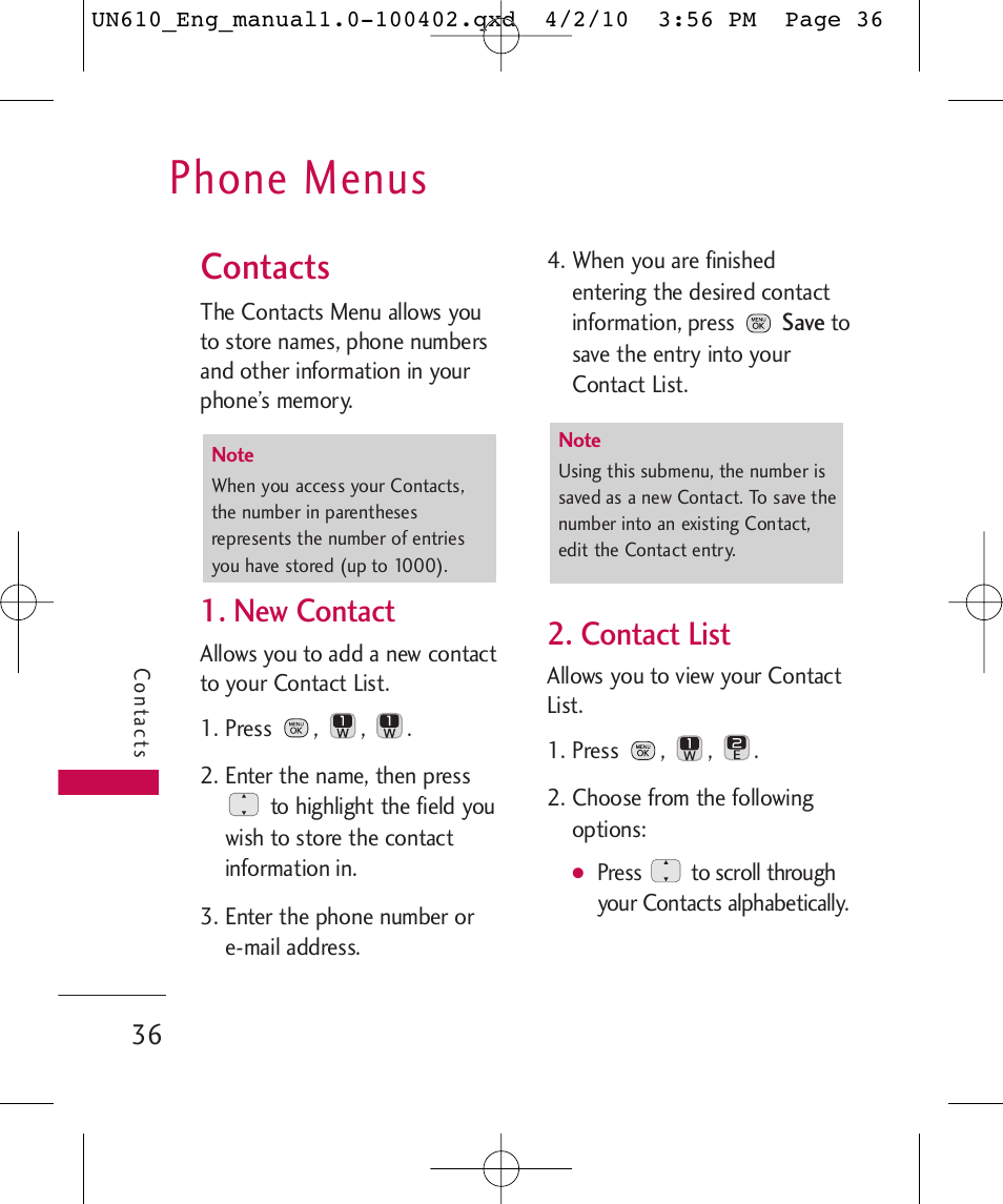 Phone menus, Contacts, New contact | Contact list | LG UN610 User Manual | Page 38 / 266